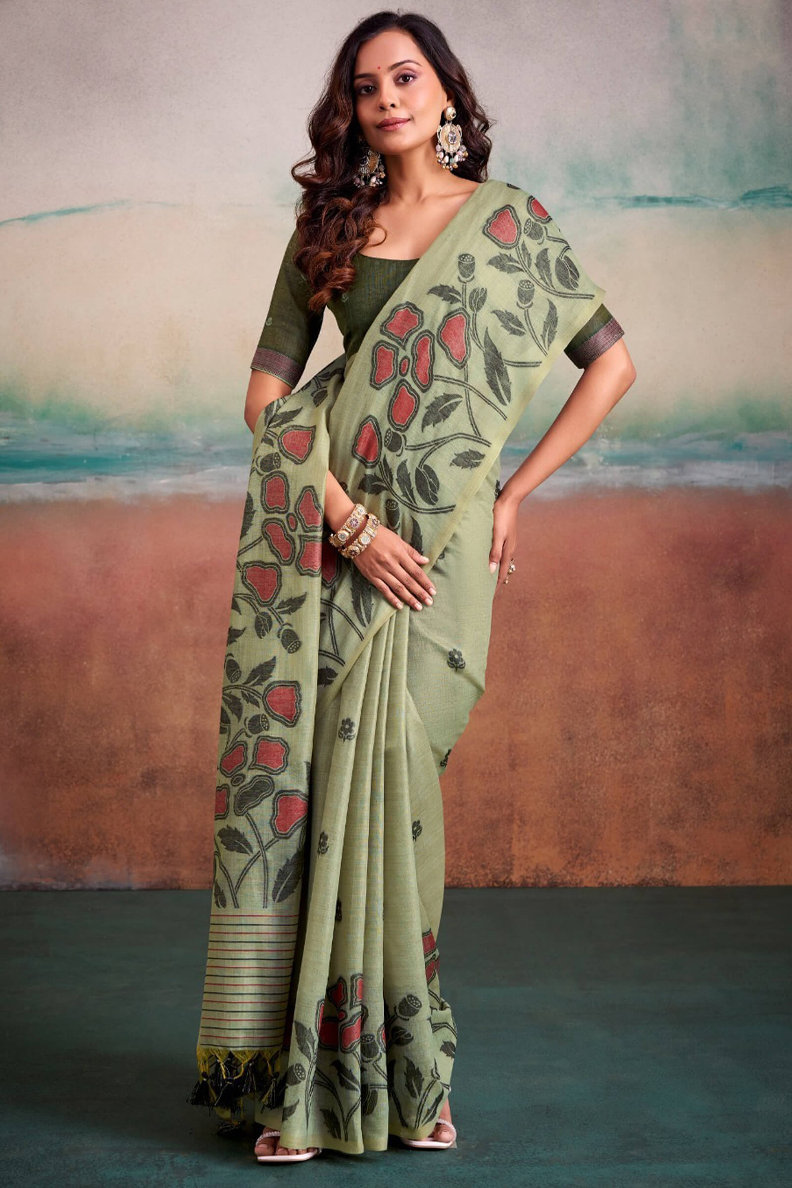 Nemesis Pista Cotton Silk Saree With Refreshing Blouse Piece
