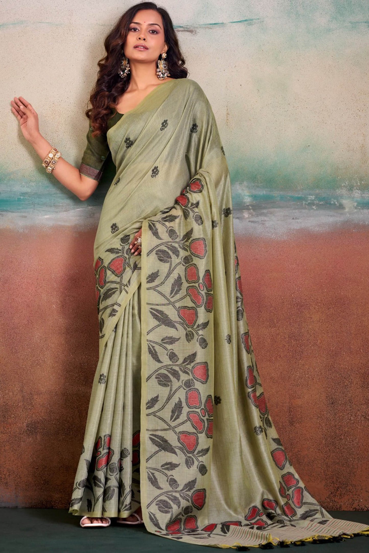 Nemesis Pista Cotton Silk Saree With Refreshing Blouse Piece