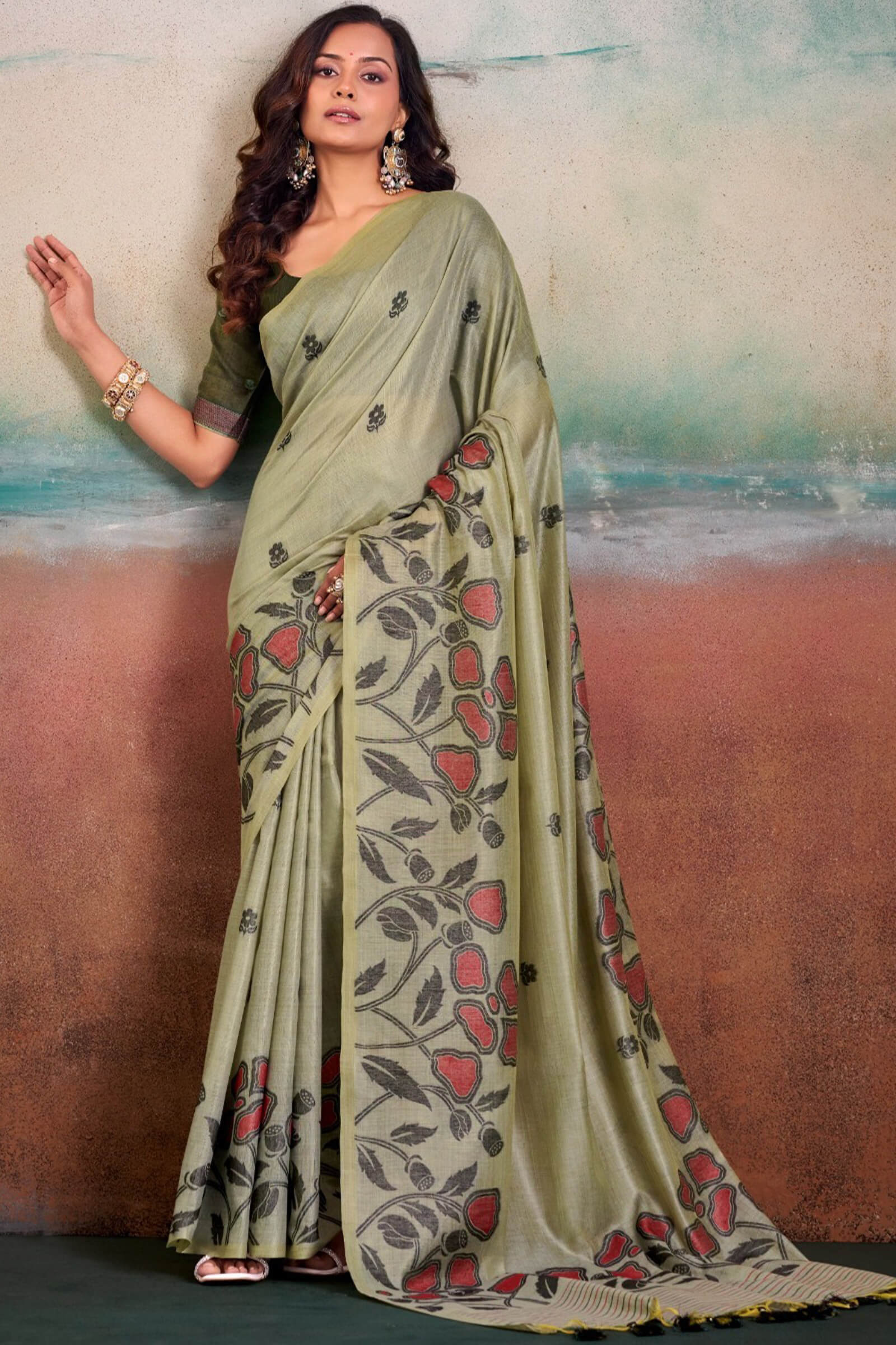 Nemesis Pista Cotton Silk Saree With Refreshing Blouse Piece