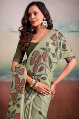 Nemesis Pista Cotton Silk Saree With Refreshing Blouse Piece