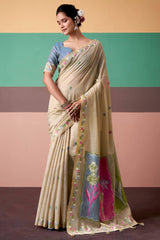 Ideal Beige Pure Munga Cotton Saree With Vivacious Blouse Piece