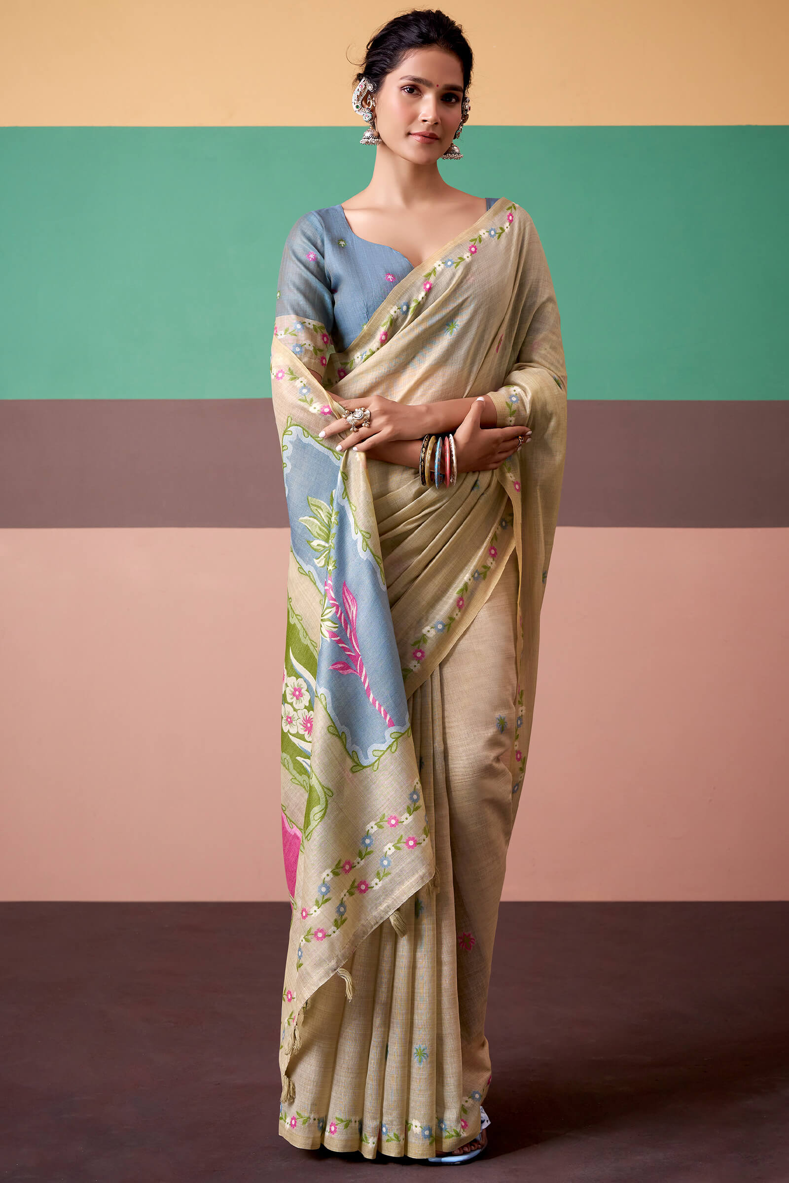 Ideal Beige Pure Munga Cotton Saree With Vivacious Blouse Piece