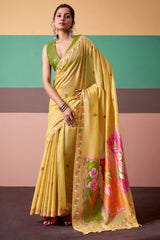 Capricious Yellow Pure Munga Cotton Saree With Embrocation Blouse Piece