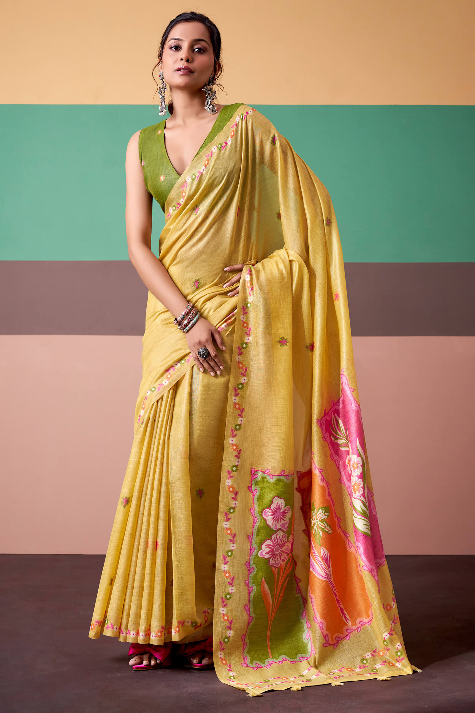 Capricious Yellow Pure Munga Cotton Saree With Embrocation Blouse Piece