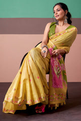 Capricious Yellow Pure Munga Cotton Saree With Embrocation Blouse Piece