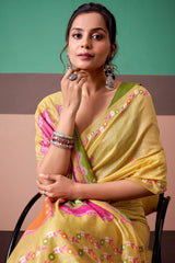 Capricious Yellow Pure Munga Cotton Saree With Embrocation Blouse Piece