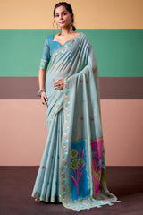 Enticing Sky Pure Munga Cotton Saree With Sensational Blouse Piece