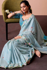 Enticing Sky Pure Munga Cotton Saree With Sensational Blouse Piece