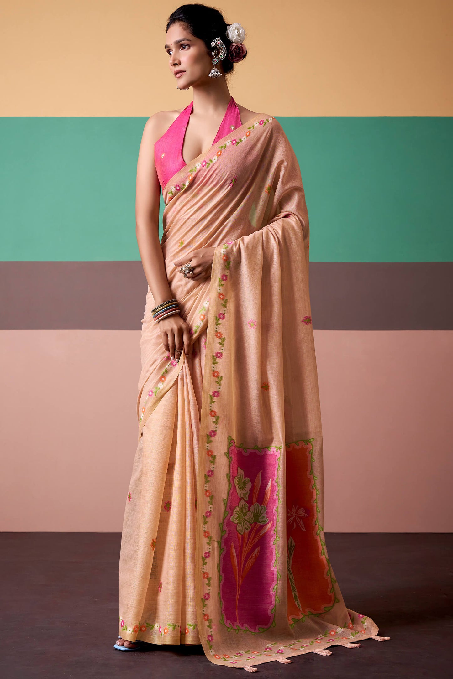 Dalliance Peach Pure Munga Cotton Saree With Nectarous Blouse Piece