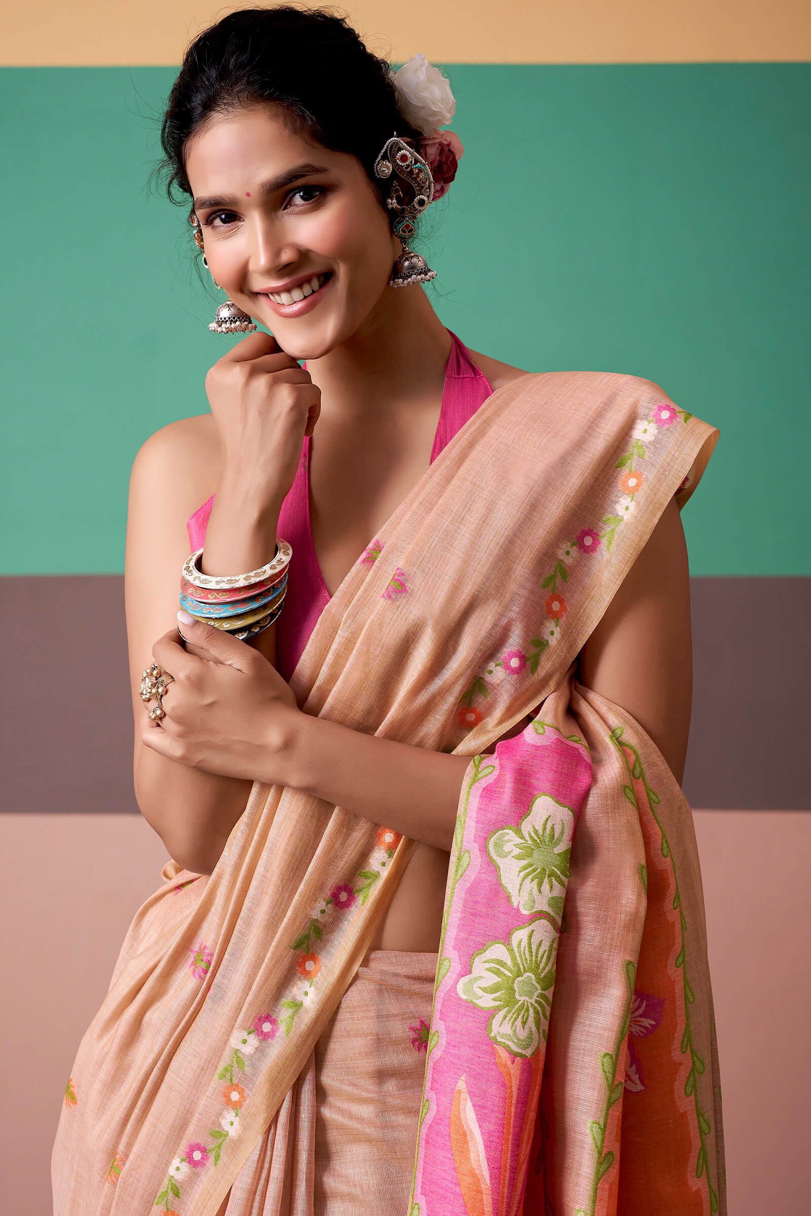 Dalliance Peach Pure Munga Cotton Saree With Nectarous Blouse Piece