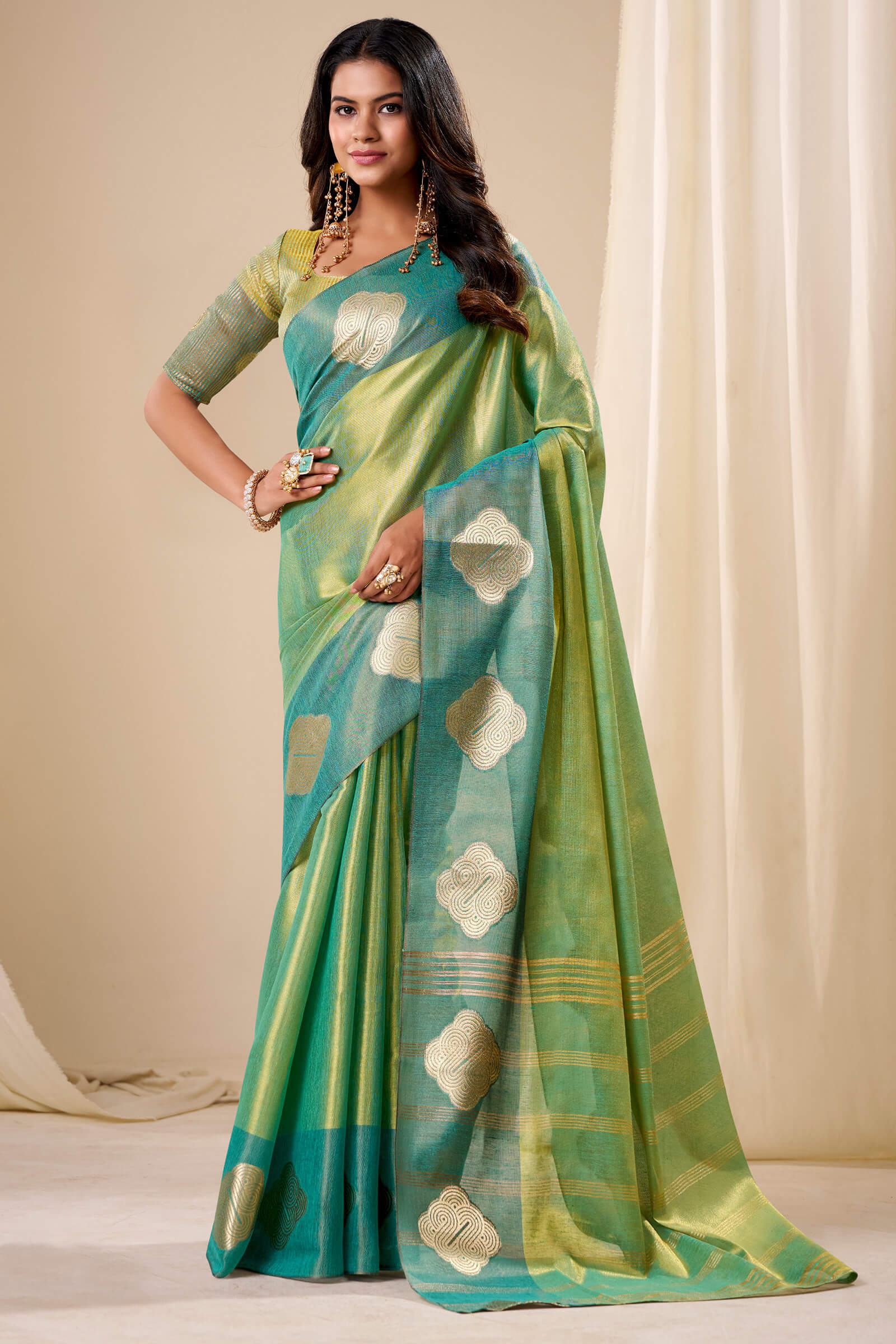 Staring Sea Green Pure Zari Weaving Banarasi Tissue Silk Saree With Tremendous Blouse Piece