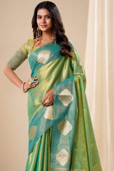 Staring Sea Green Pure Zari Weaving Banarasi Tissue Silk Saree With Tremendous Blouse Piece