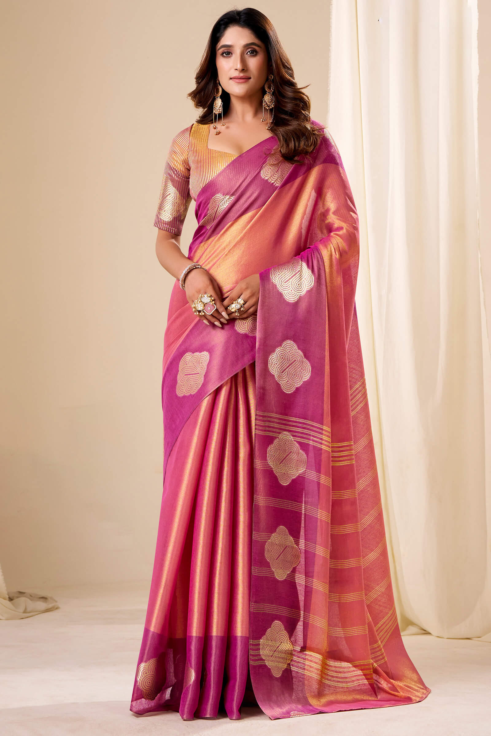 Vestigial Pink Pure Zari Weaving Banarasi Tissue Silk Saree With Enamoring Blouse Piece