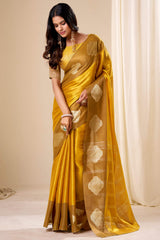 Gossamer Mustard Pure Zari Weaving Banarasi Tissue Silk Saree With Majesty Blouse Piece