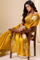 Gossamer Mustard Pure Zari Weaving Banarasi Tissue Silk Saree With Majesty Blouse Piece