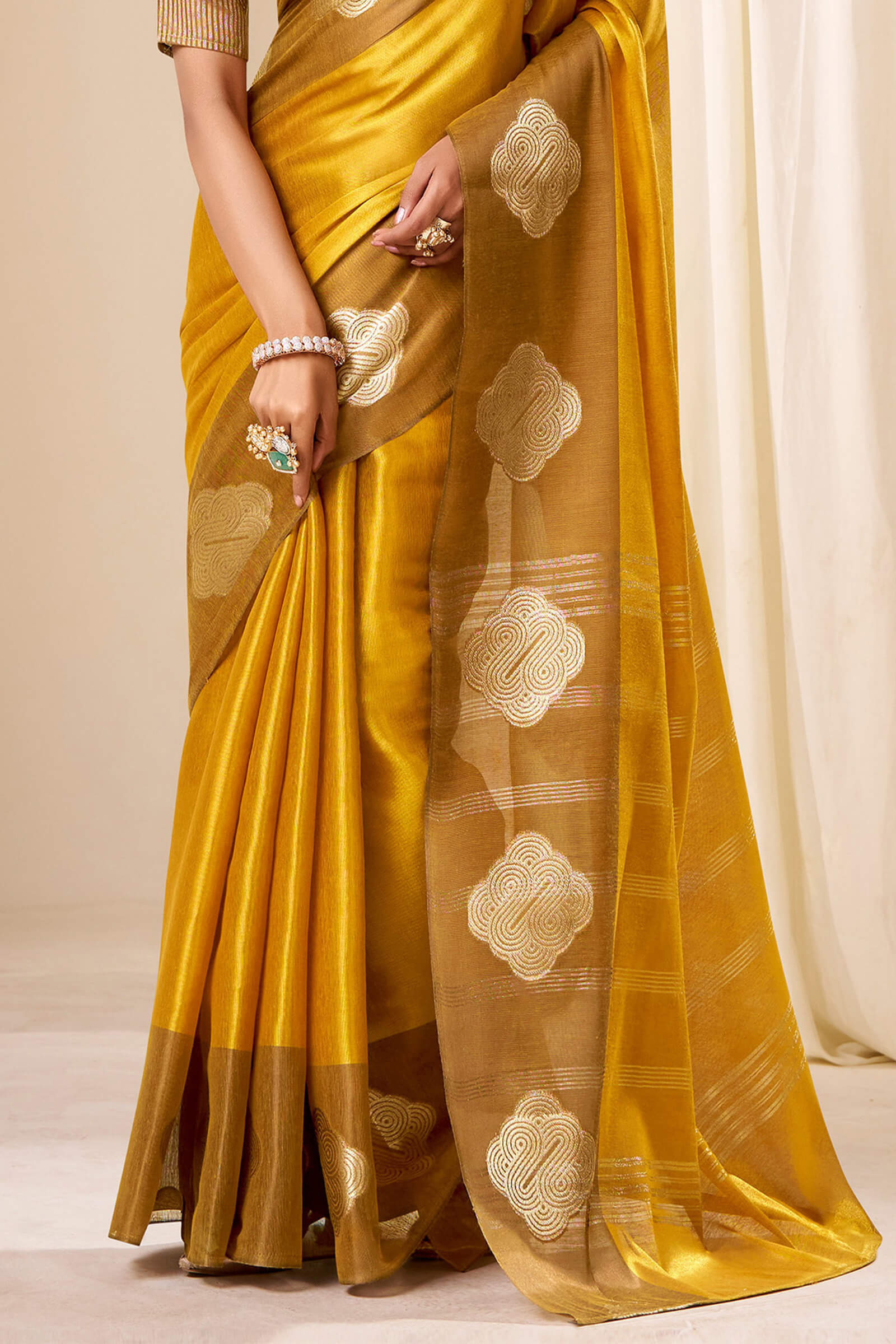 Gossamer Mustard Pure Zari Weaving Banarasi Tissue Silk Saree With Majesty Blouse Piece