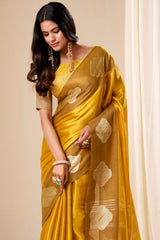 Gossamer Mustard Pure Zari Weaving Banarasi Tissue Silk Saree With Majesty Blouse Piece