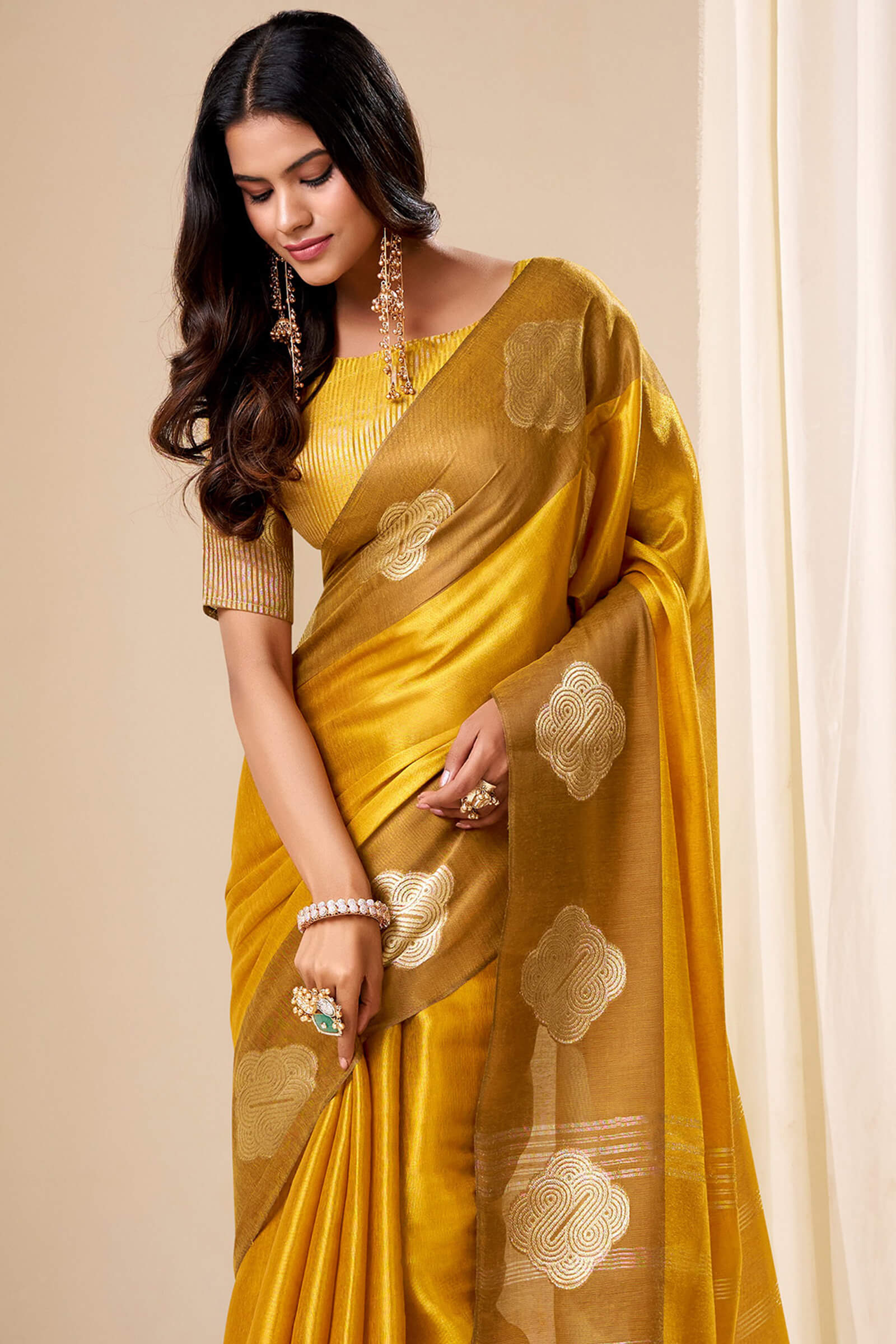Gossamer Mustard Pure Zari Weaving Banarasi Tissue Silk Saree With Majesty Blouse Piece
