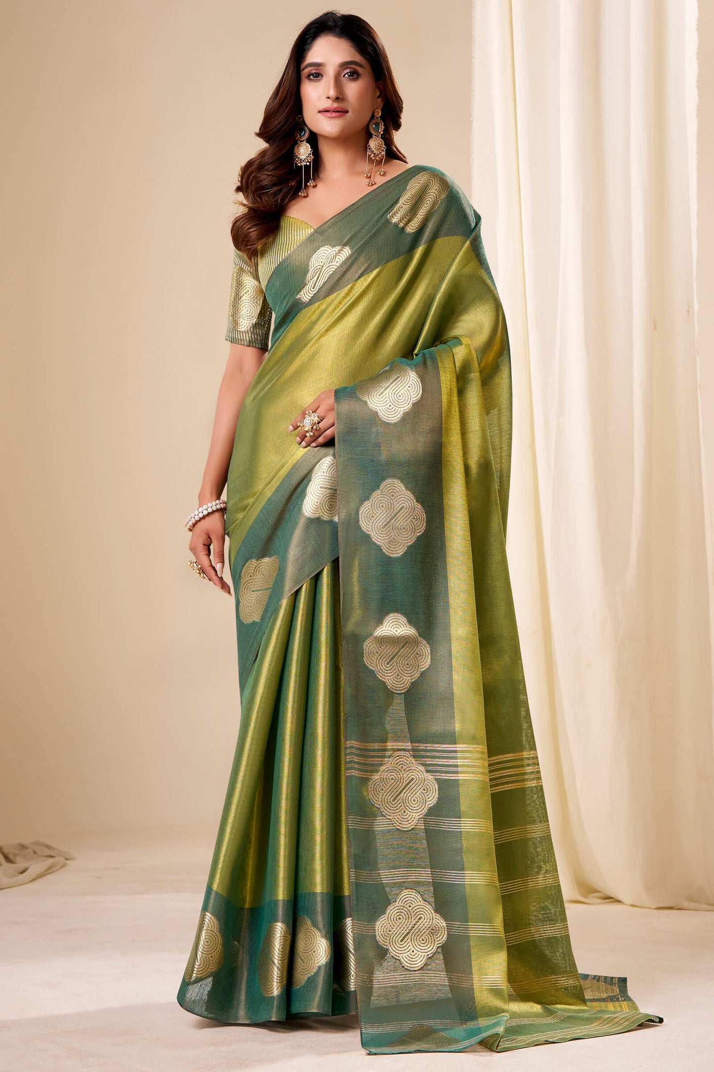 Dalliance Green Pure Zari Weaving Banarasi Tissue Silk Saree With Captivating Blouse Piece