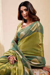 Dalliance Green Pure Zari Weaving Banarasi Tissue Silk Saree With Captivating Blouse Piece