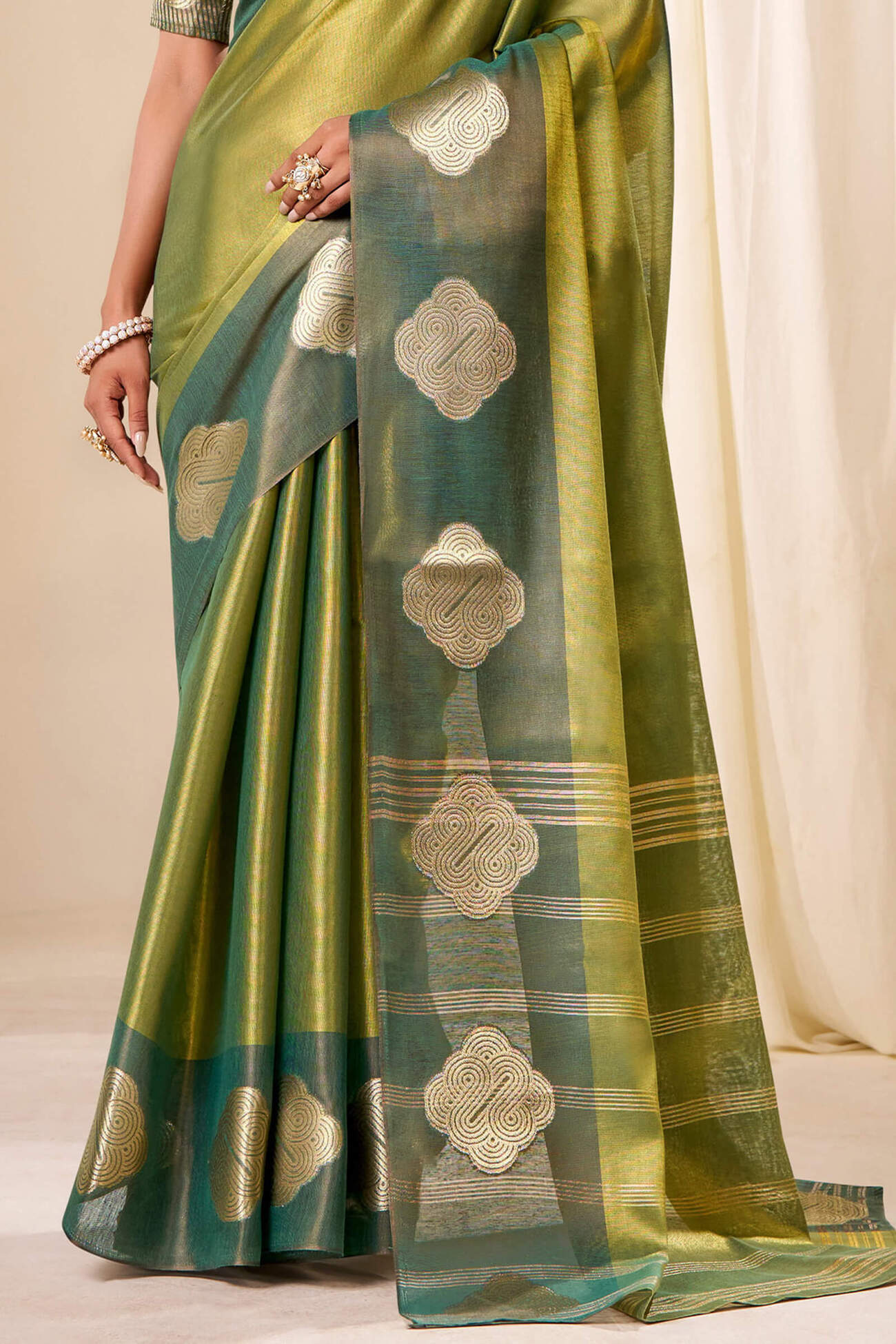 Dalliance Green Pure Zari Weaving Banarasi Tissue Silk Saree With Captivating Blouse Piece