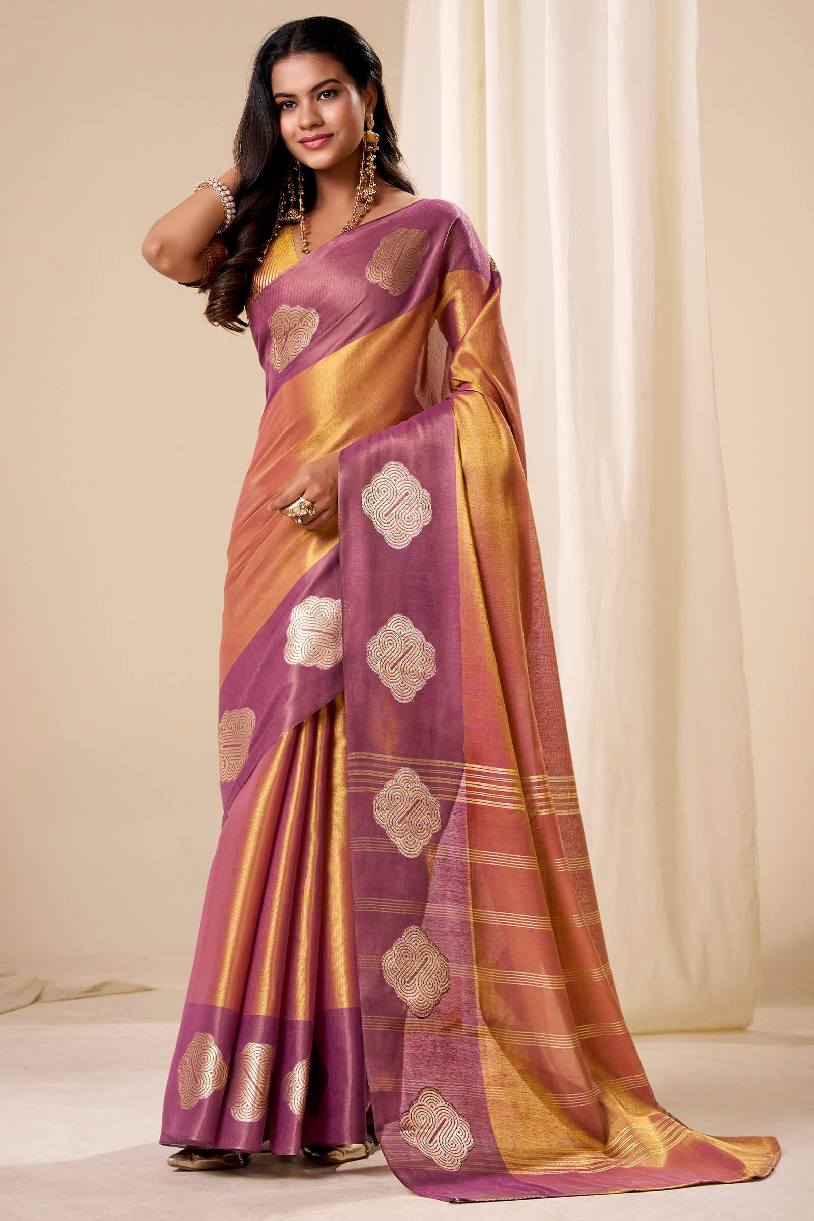 Cynosure Peach Pure Zari Weaving Banarasi Tissue Silk Saree With Ratatouille Blouse Piece