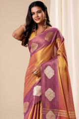 Cynosure Peach Pure Zari Weaving Banarasi Tissue Silk Saree With Ratatouille Blouse Piece