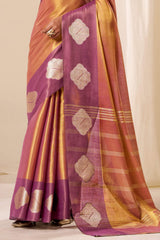 Cynosure Peach Pure Zari Weaving Banarasi Tissue Silk Saree With Ratatouille Blouse Piece