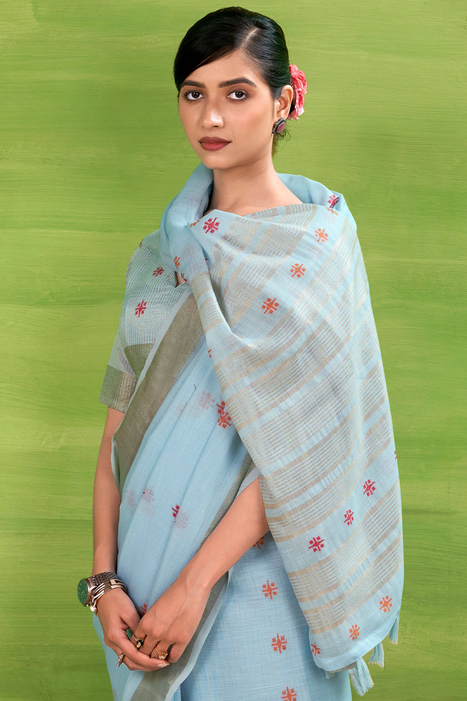 Winsome Sky Cotton Silk Saree With Adorning Blouse Piece