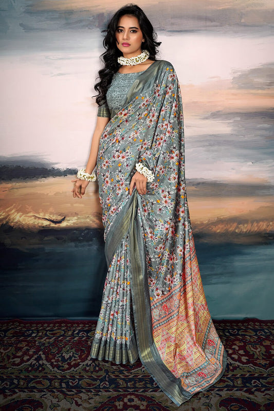 Glamorous Grey Digital Printed Cotton Silk Saree With Attractive Blouse Piece