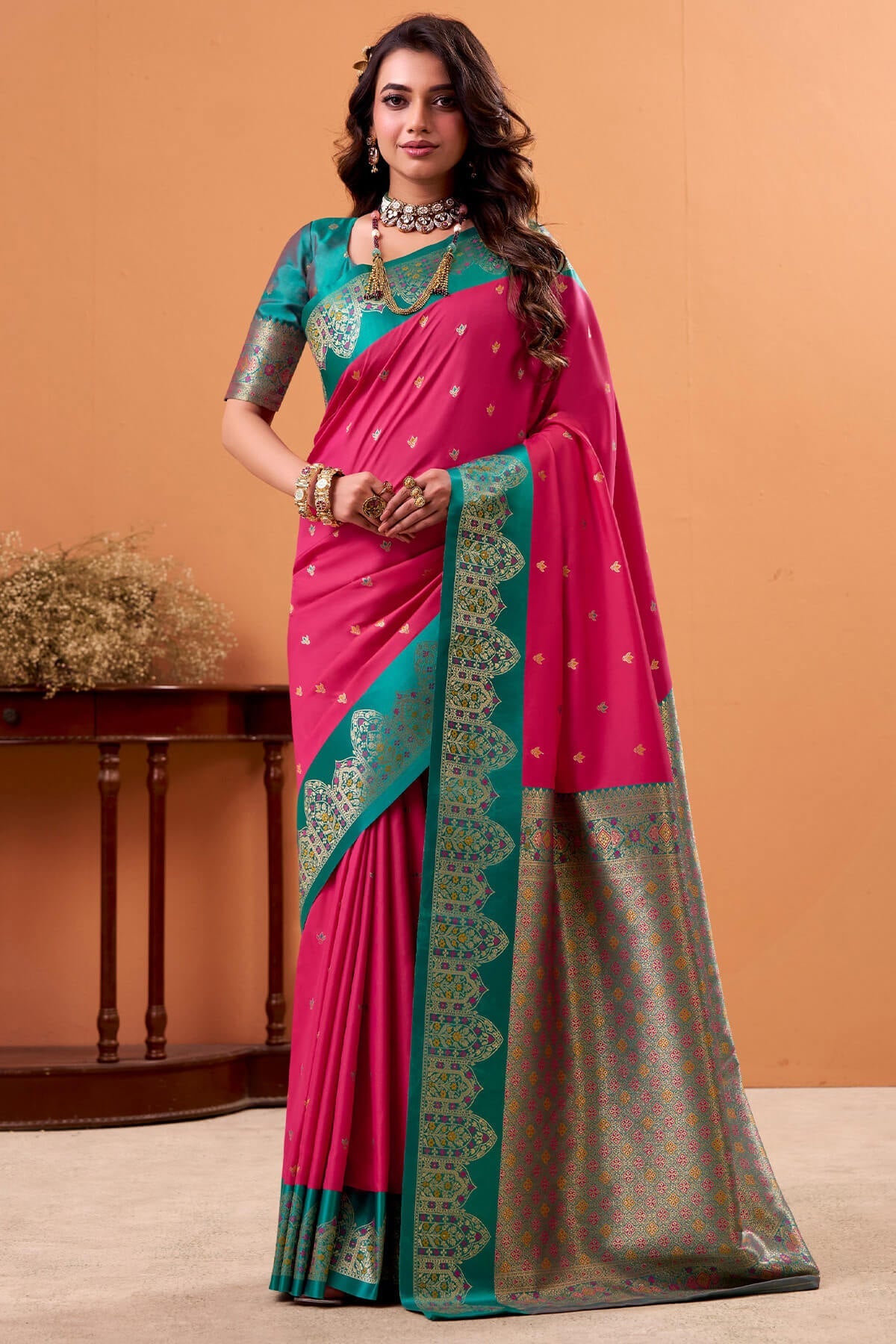 Adorning Dark Pink Banarasi Satin Silk Saree With Fragrant Blouse