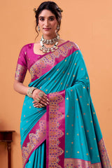 Beauteous Firozi Banarasi Satin Silk Saree With Surpassing Blouse