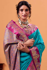 Beauteous Firozi Banarasi Satin Silk Saree With Surpassing Blouse