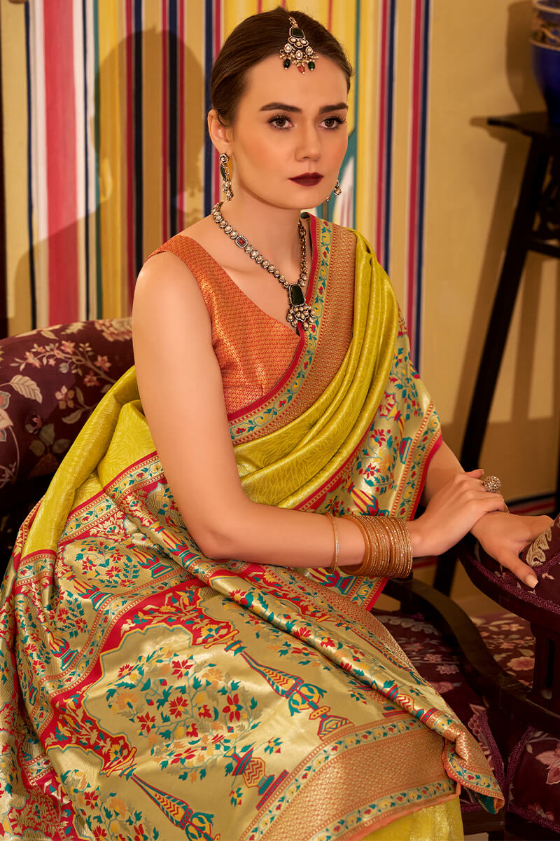 Exemplary Yellow Paithani Pure Tissue Silk Saree With Unique Blouse Piece
