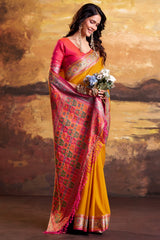 Skinny Yellow Patola Silk Saree with Luminous Blouse Piece