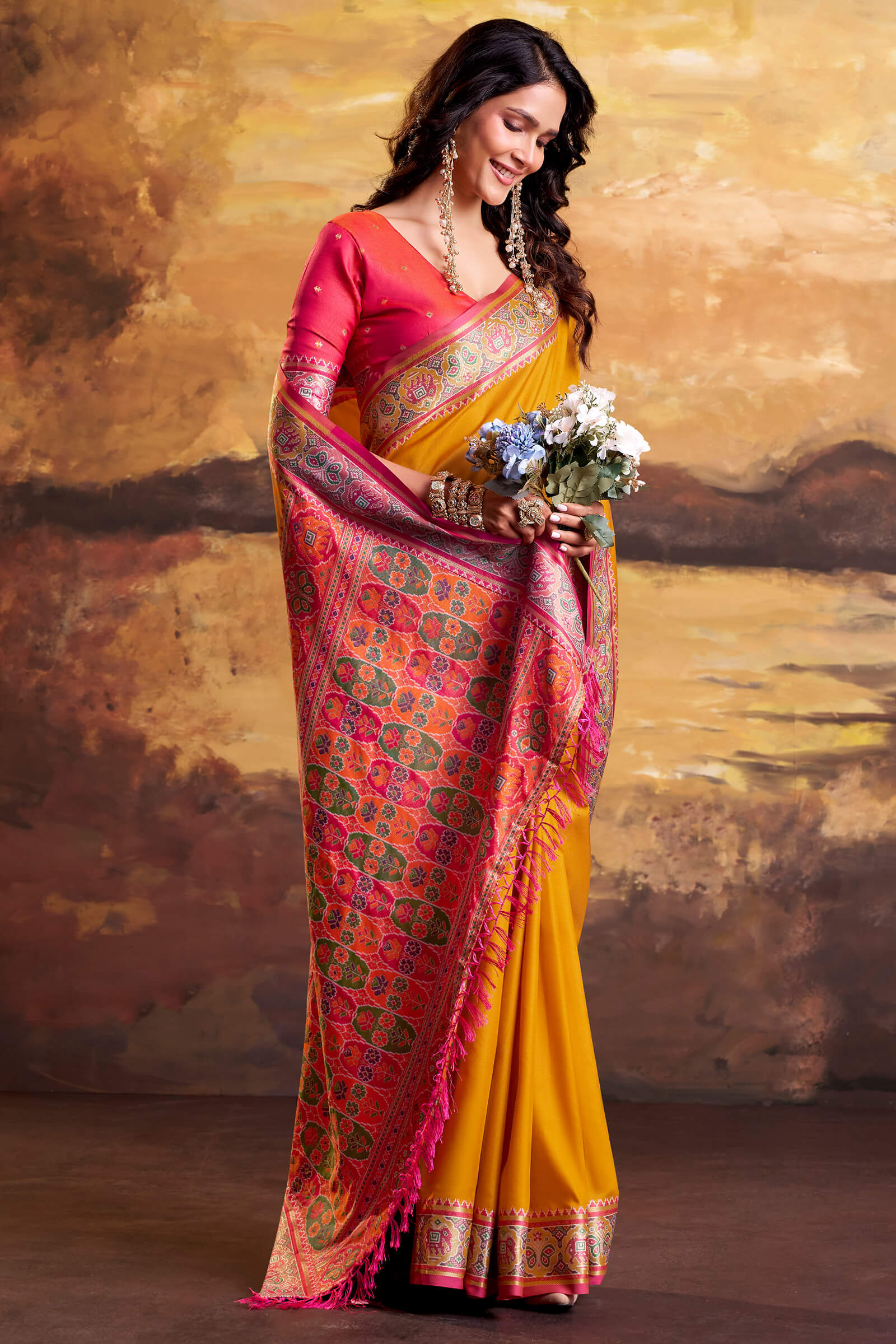 Skinny Yellow Patola Silk Saree with Luminous Blouse Piece