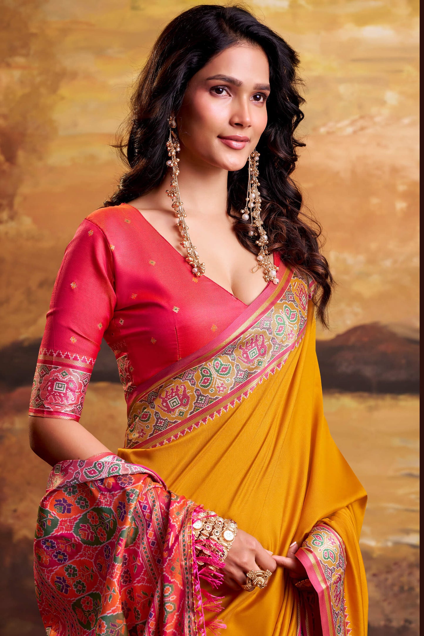 Skinny Yellow Patola Silk Saree with Luminous Blouse Piece