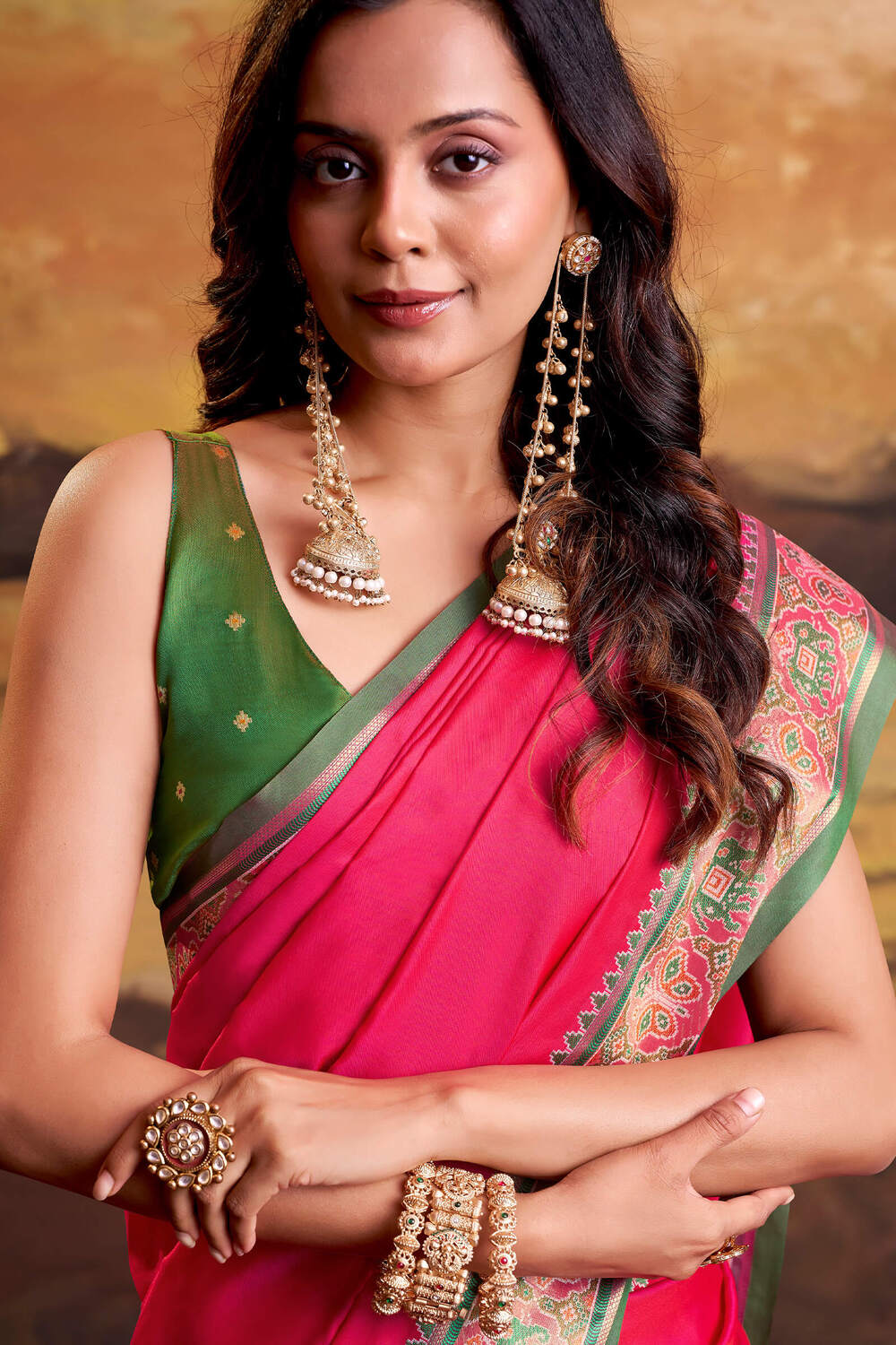Gossamer Dark Pink Patola Silk Saree with Grandiose Blouse Piece