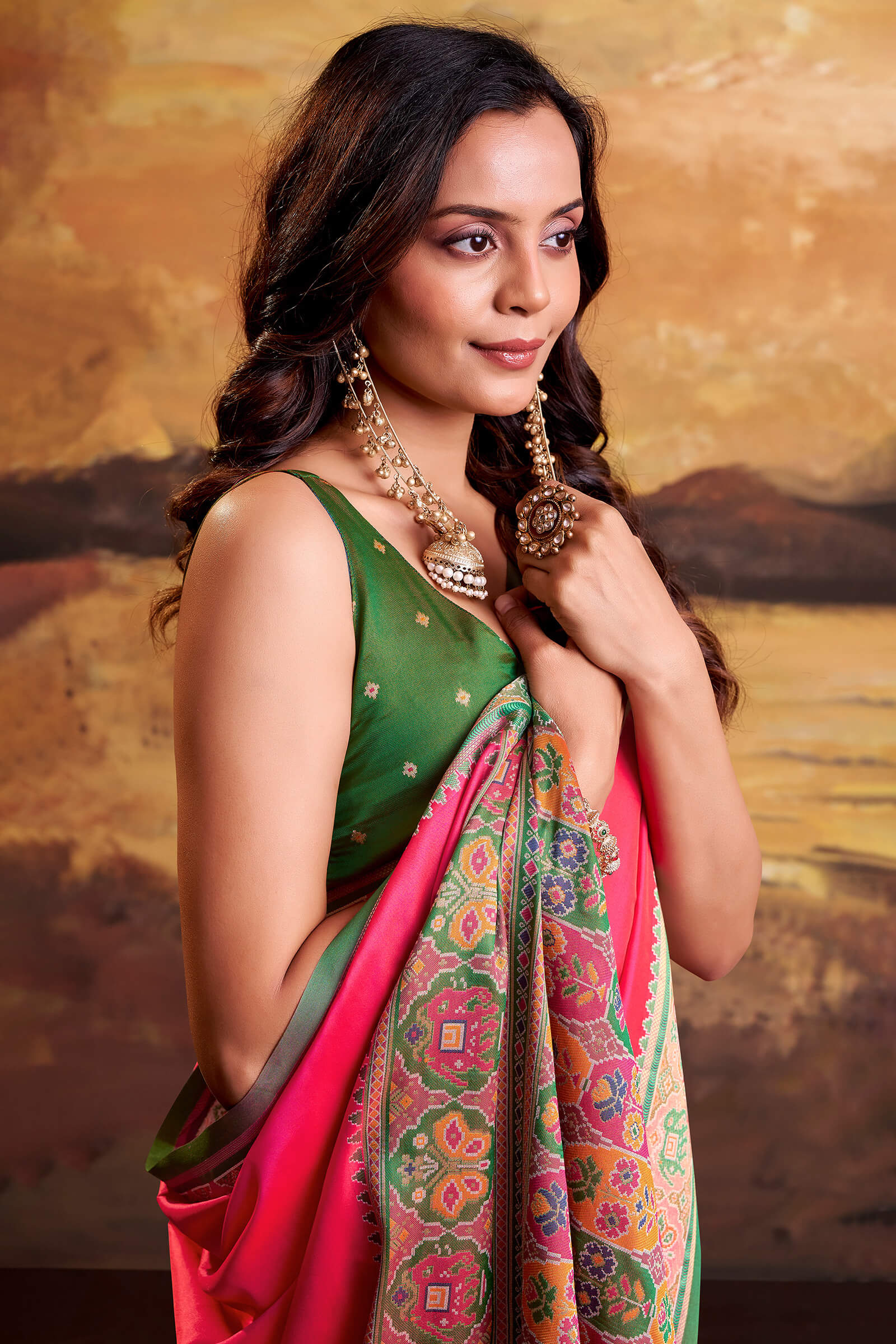 Gossamer Dark Pink Patola Silk Saree with Grandiose Blouse Piece