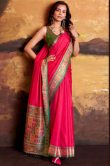 Gossamer Dark Pink Patola Silk Saree with Grandiose Blouse Piece