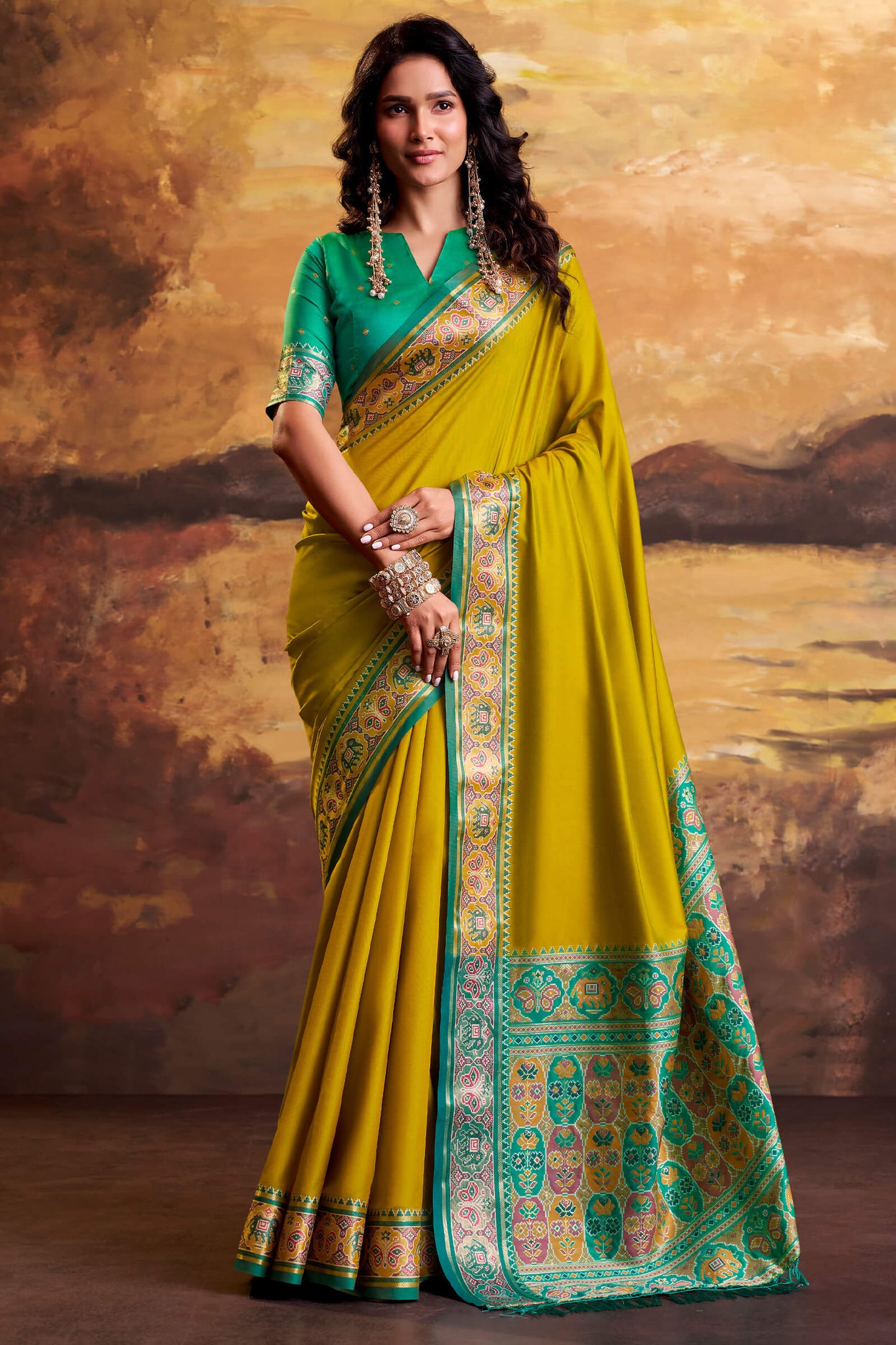 Propinquity Mustard Patola Silk Saree with Girlish Blouse Piece