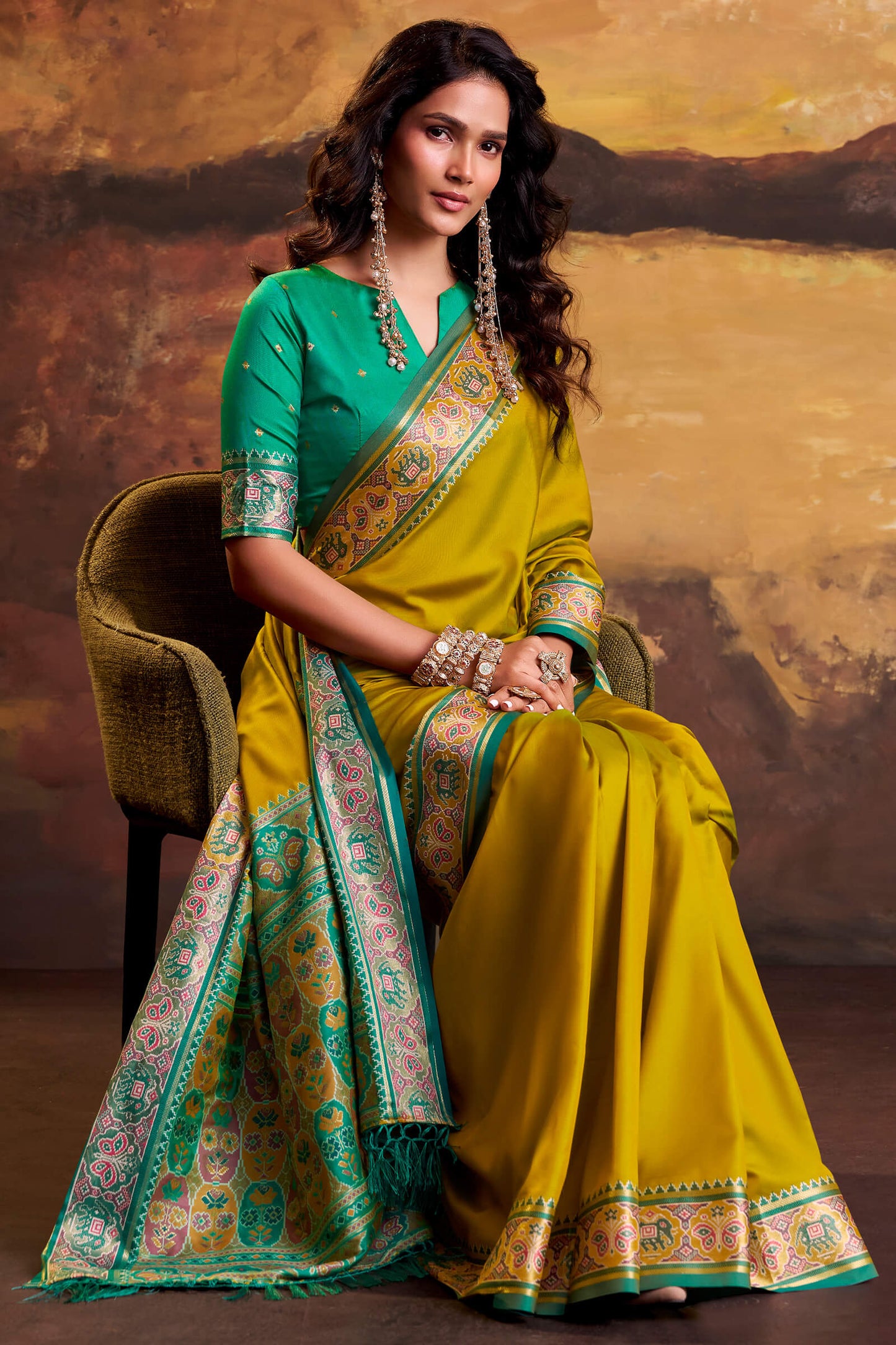 Propinquity Mustard Patola Silk Saree with Girlish Blouse Piece