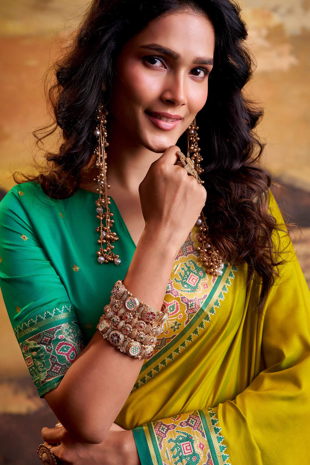 Propinquity Mustard Patola Silk Saree with Girlish Blouse Piece