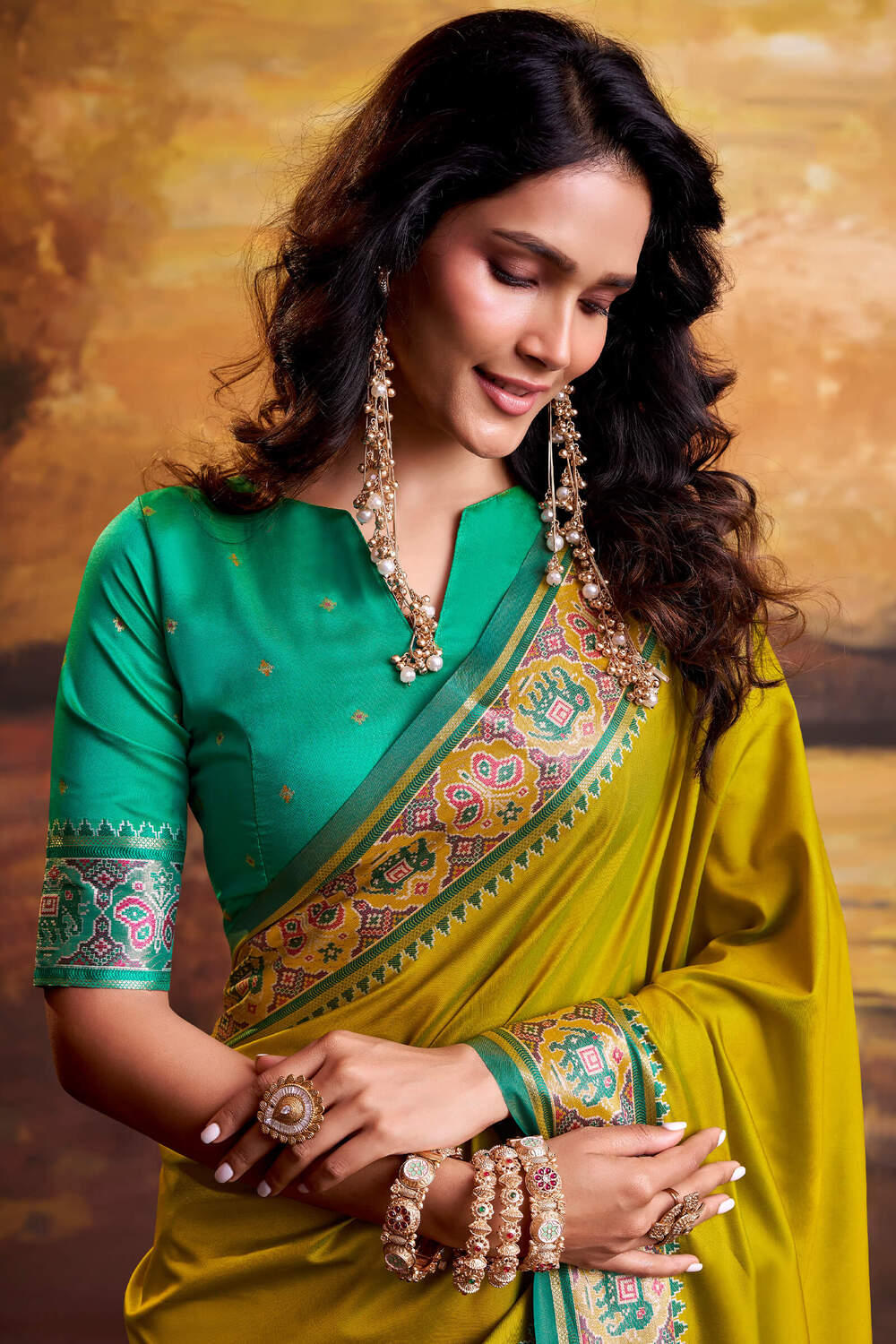 Propinquity Mustard Patola Silk Saree with Girlish Blouse Piece