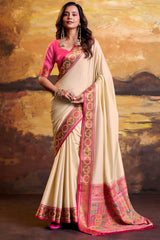 Phenomenal Beige Patola Silk Saree with Pulsating Blouse Piece