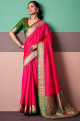 Appealing Dark Pink Patola Silk Saree with Snappy Blouse Piece