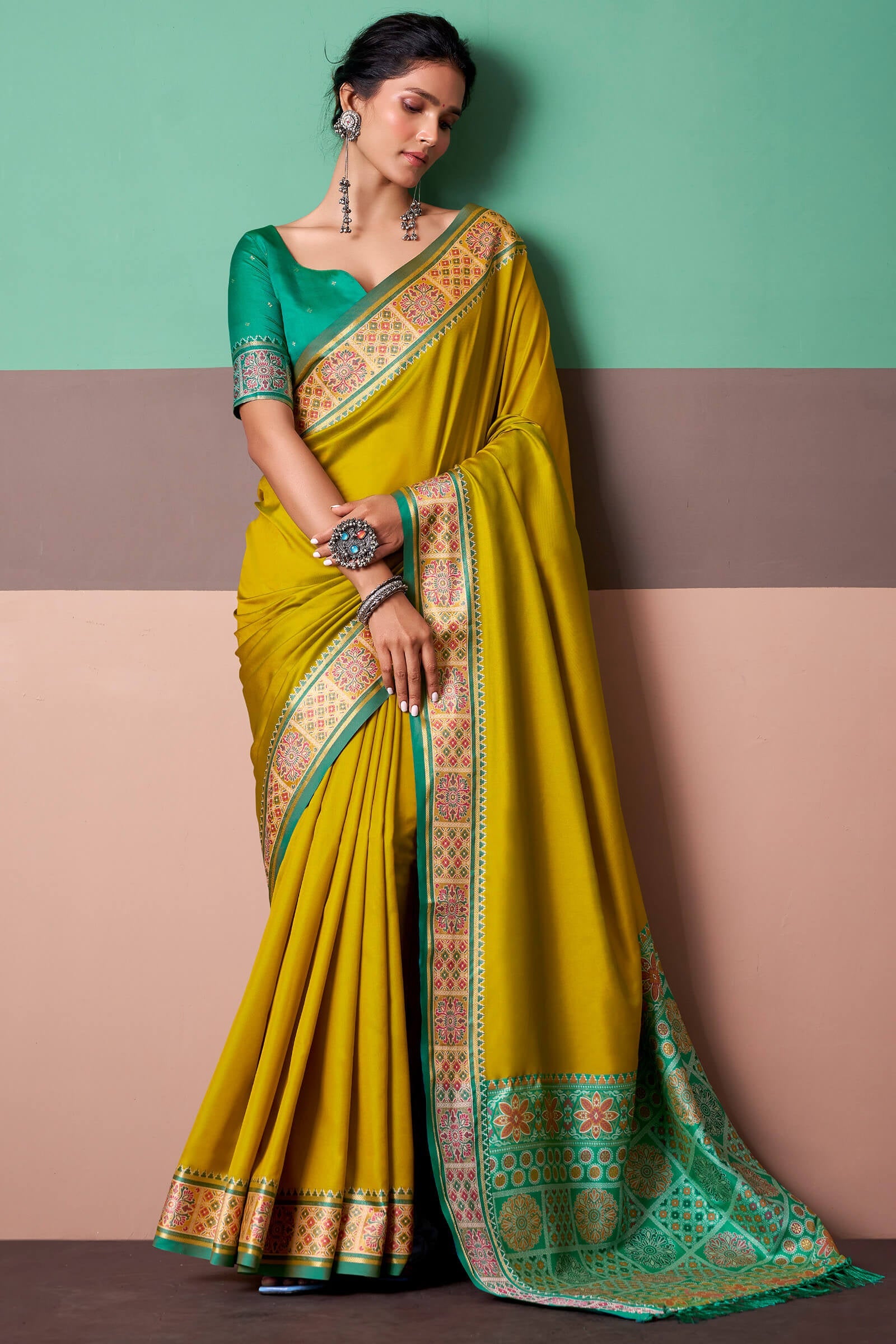 Zephyr Mustard Patola Silk Saree with Chatoyant Blouse Piece