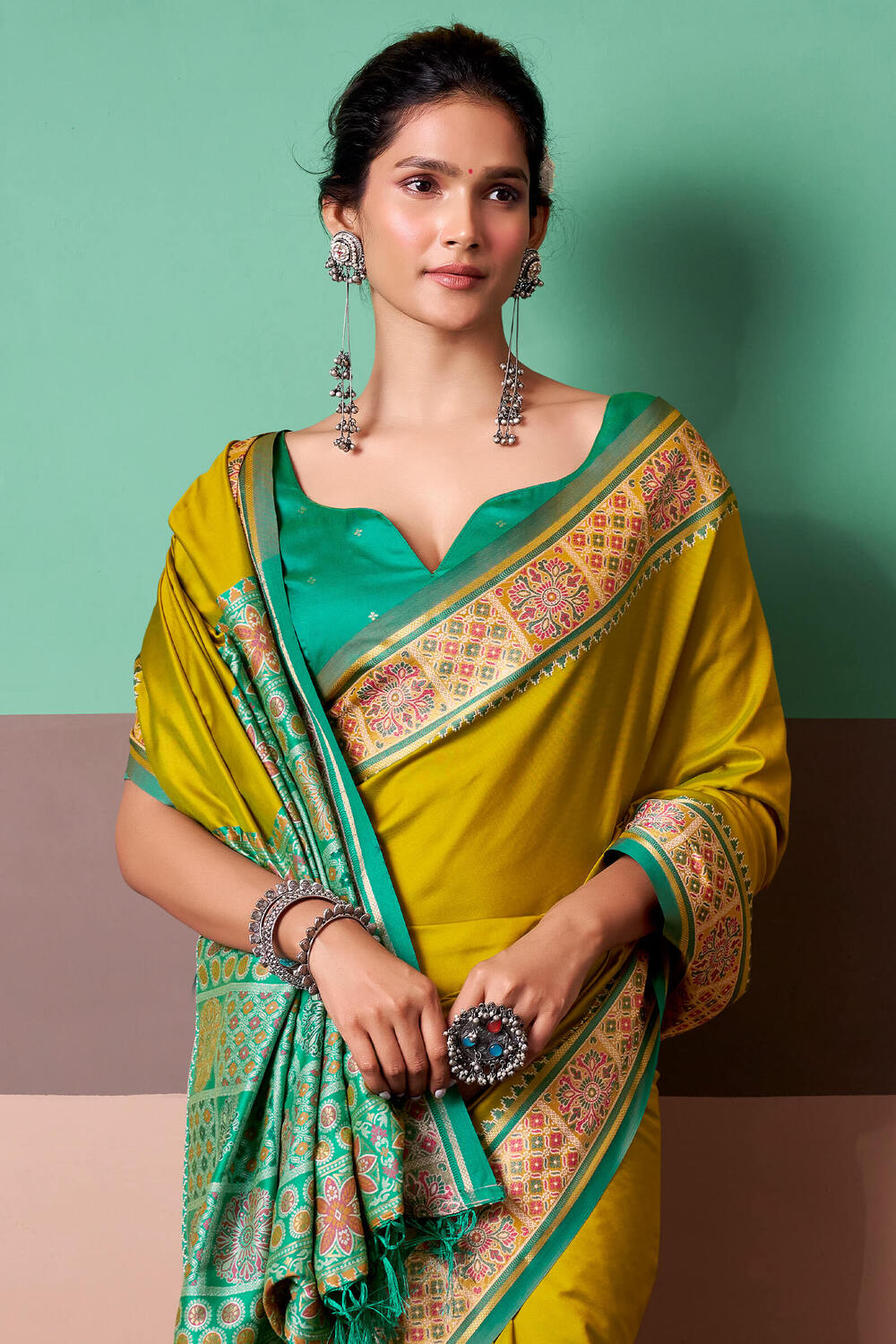 Zephyr Mustard Patola Silk Saree with Chatoyant Blouse Piece