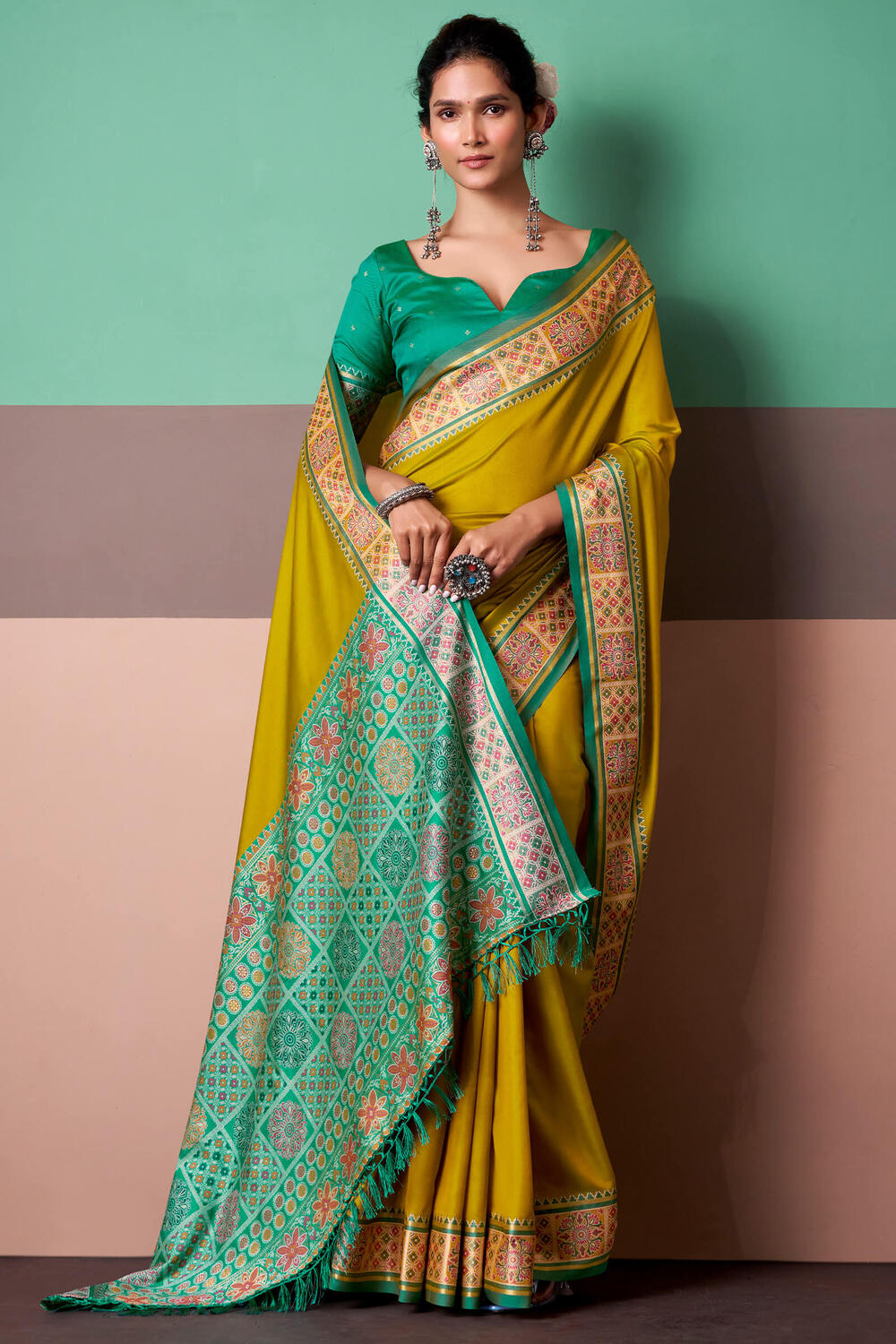 Zephyr Mustard Patola Silk Saree with Chatoyant Blouse Piece