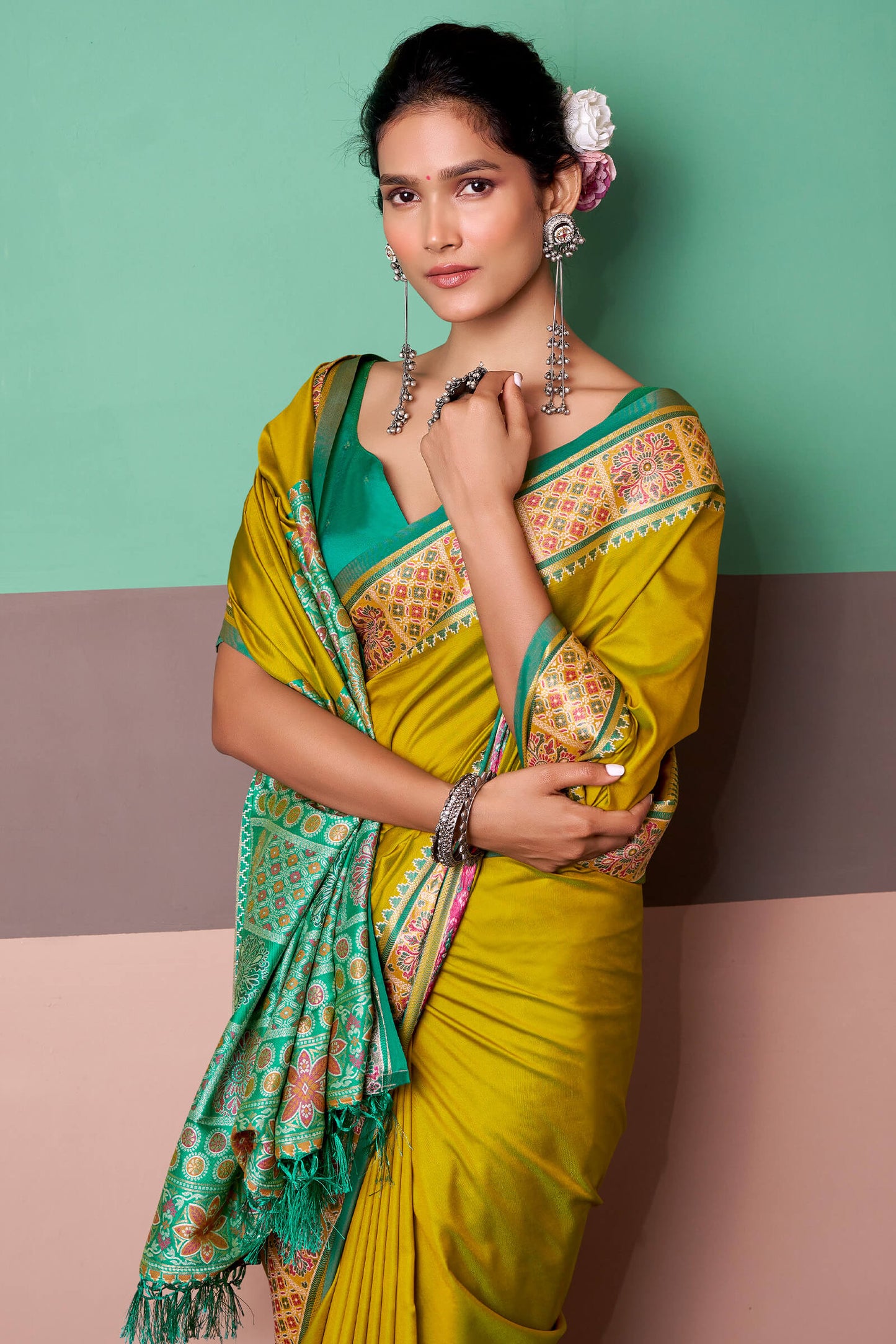 Zephyr Mustard Patola Silk Saree with Chatoyant Blouse Piece